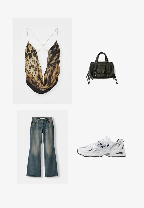 Jaded London ASTERIA BACKLESS - Top - multi-coloured; Modré zvonové džíny se zesvětleným práním, pěti kapsami a zapínáním na knoflík. Materiál vykazuje denimovou strukturu s jemnými detaily šití.; Bílé sportovní boty s textilním svrškem, námořnickými akcenty a polstrovanou podrážkou. Obsahují logo "N", tkaničky a texturovaný detail na boku.; Černá kožená kabelka s pletenými rukojetmi, kapsou na zip a visícími třásněmi. Texturovaný povrch s kovovými hroty a kovovými akcenty.