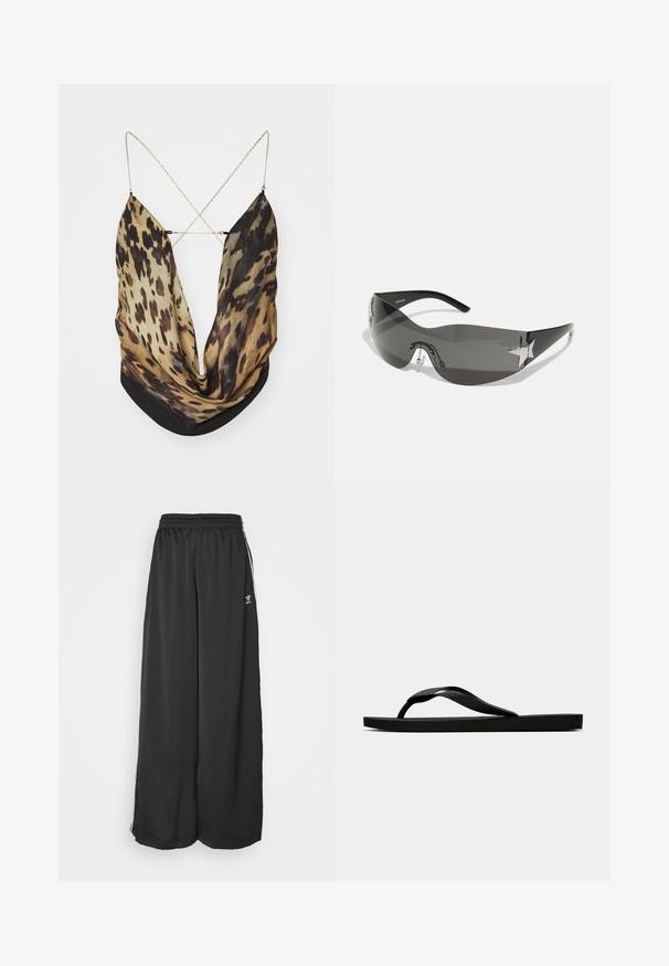 Jaded London ASTERIA BACKLESS - Top - multi-coloured; Black loose-fitting track pants made of smooth fabric. Features an elastic waistband and side stripes with logo accents.; Black rubber flip-flop sandal with a textured thong strap and simple flat sole, shown from side on a plain light background.; Black sunglasses with a wrap-around design, dark tinted lenses, shiny star-shaped accents, and adjustable nose pads.