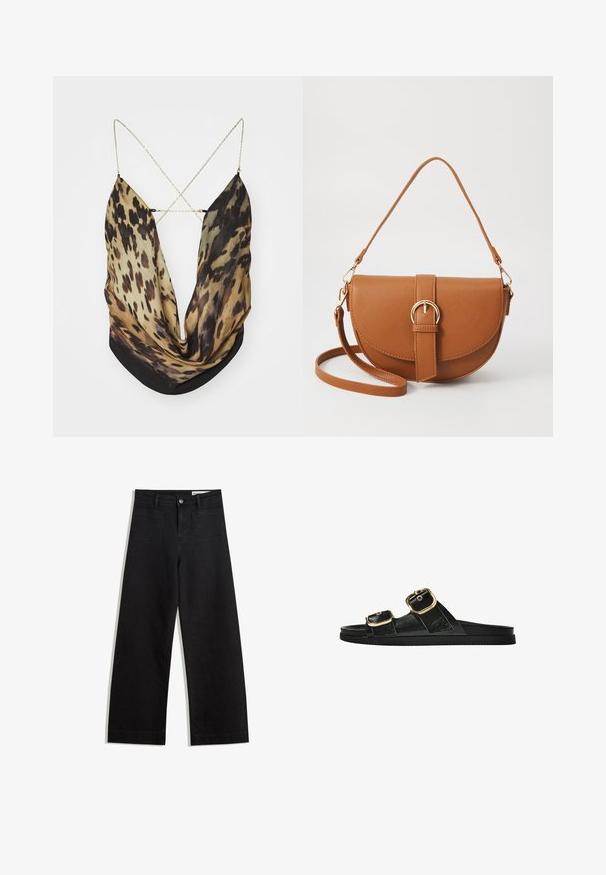 Jaded London ASTERIA BACKLESS - Top - multi-coloured; Black wide-leg denim pants with a high waist, featuring front and back pockets, stitched seams, and a button closure. Smooth texture.; Black slide sandal with two gold buckle accents, smooth textured material, flat sole, and a minimalist design.; Brown leather crossbody bag with a curved shape, gold hardware, and a buckle accent. Features a detachable shoulder strap.