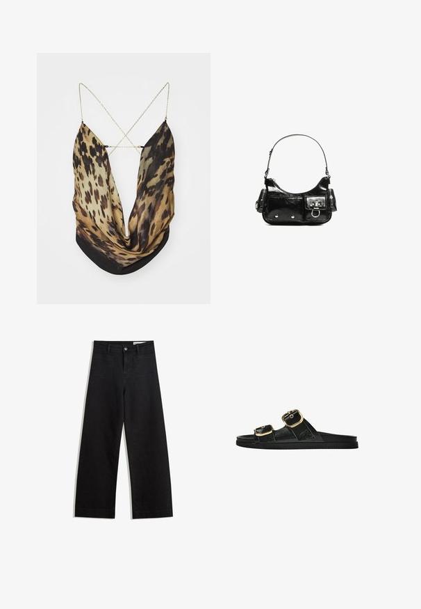 Jaded London ASTERIA BACKLESS - Top - multi-coloured; Sorte wide-leg denim bukser med høj talje, der har front- og baglommer, syede sømme og en knaplukning. Glat tekstur.; Sort skridsandal med to guldspænder, glat tekstureret materiale, flad sål og et minimalistisk design.; Sort patenteret læder håndtaske med en buet form, en skulderrem, frontlommer og hardware accenter i sølvfarve.