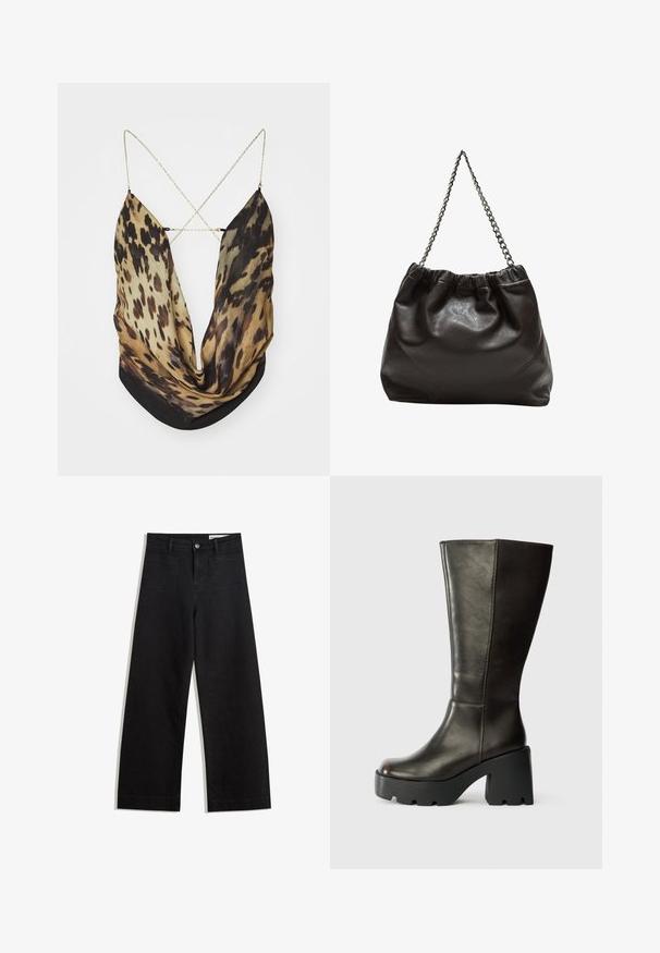 Jaded London ASTERIA BACKLESS - Top - multi-coloured; Schwarze weit geschnittene Jeans mit hoher Taille, ausgestattet mit Vorder- und Hintertaschen, gesteppten Nähten und einem Knopfverschluss. Glatte Textur.; Schwarze Lederkniehohe Stiefel mit abgerundetem Zeh, dickem schwarzen Plateau und Blockabsatz. Sie verfügen über eine glatte Textur und minimale Nähdetails.; Braune Lederhandtasche mit gerafftem Oberteil und Kettenriemen. Glatte Textur mit glänzendem Finish und subtilen Nahtdetails an den Seiten.