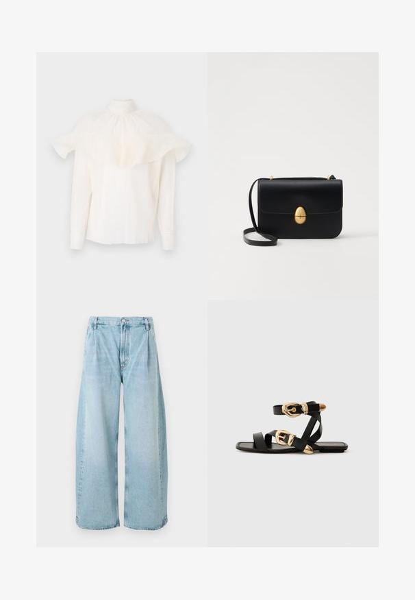 A fehér blúz magas gallérral, texturált anyaggal és oversize fodros ujjaival rendelkezik. Hosszú ujjak, szűkített mandzsettákkal, laza illeszkedéssel.; Világoskék, bő szárú farmernadrág, elöl plissékkel, gombos záródással és egyenes szegélyekkel, amelyeken elhalványult textúra található.; Fekete bőr szandál arany csattal, több hevederrel és lapos talpú dizájnnal, nyitott lábujjú viselethez.; Fekete bőr kézitáska, struktúrált, téglalap alakú formával. Arany ovális kapoccsal és vékony vállpánttal rendelkezik. Sima textúrájú.
