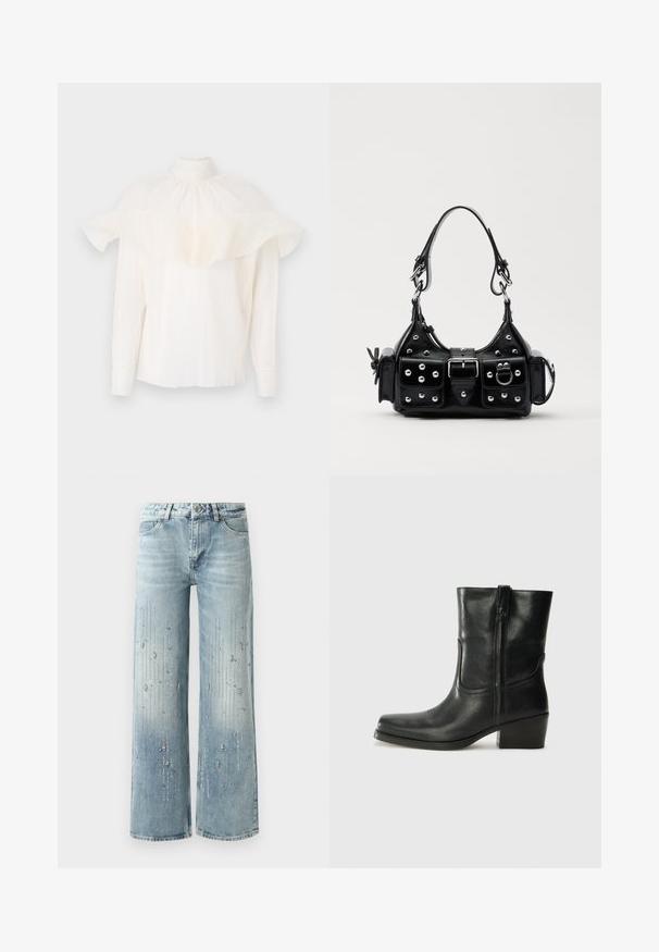 Bílá blůza s vysokým límcem, texturovaným materiálem a nadměrně nařasenými rukávy. Dlouhé rukávy s vypasovanými manžetami, volný střih po celé délce.; Světle modré široké džínové kalhoty s gradientním barevným efektem a zdobením stříbrnými rhinestony v vertikálním vzoru.; Černá kožená kotníková bota s kulatou špičkou, blokovým podpatkem, bočním zipem a prošíváním na svršku. Hladký povrch, klasický design.; Černá kožená kabelka s křivkovým designem, zdobená stříbrnými hřebíky, s přezkou a dvěma bočními kapsami. Nastavitelný popruh pro různé možnosti nošení.