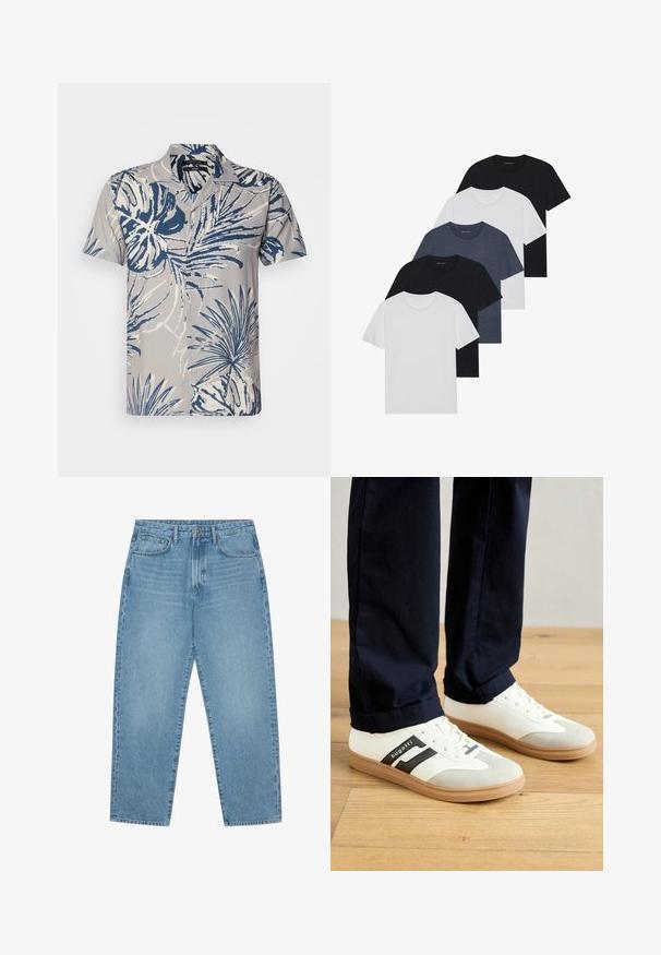 Īsās piedurknes pogājamā krekls gaiši pelēkā audumā ar zilu un baltu tropisko lapu rakstu, ar klasisku apkakli un septiņām pogām.; Piecu T-kreklu komplekts melnā, baltā un tumši zilā krāsā. kokvilnas audums, īsas piedurknes, apļveida kakla dizains un vienkārša faktūra bez rakstiem.; Gaiši zili denim auduma platgala bikses ar augstu jostasvietu, ar piecām kabatām, jostu cilpām un mīkstu, nedaudz nodilušu tekstūru.; Balti un pelēki sporta apavi ar melnām svītrām, izgatavoti no ādas, ar gumijas zoli un plakaniem šņorēm. Valkāti ar tumši zilām biksēm uz koka grīdas.