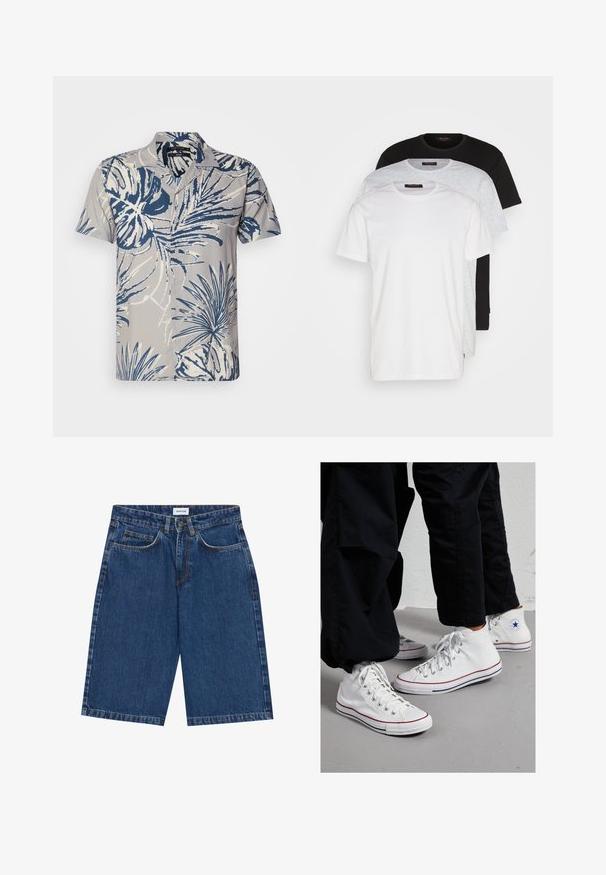 Trumpas rankovėmis mygtukinis marškinys šviesiai pilkos spalvos audinyje, papuoštas mėlynai baltu tropinių lapų raštu, su klasikinėmis apykaklėmis ir septyniais mygtukais.; Trys apvalaus kaklo marškinėliai baltos, šviesiai pilkos ir juodos spalvos. Pagaminti iš minkštos medvilnės, turi trumpas rankoves ir laisvą kirpimą.; Tamsiai mėlyni džinsiniai šortai su penkių kišenių dizainu, tiesiu siluetu ir matomais siuvimo akcentais. Lygi tekstūra ir vidutinio aukščio liemuo.; Balti kanvos aukštakulniai sportbačiai su guma padšiais, turintys sidabro akių ir raudonų bei tamsiai mėlynų juostelių aplink padą.