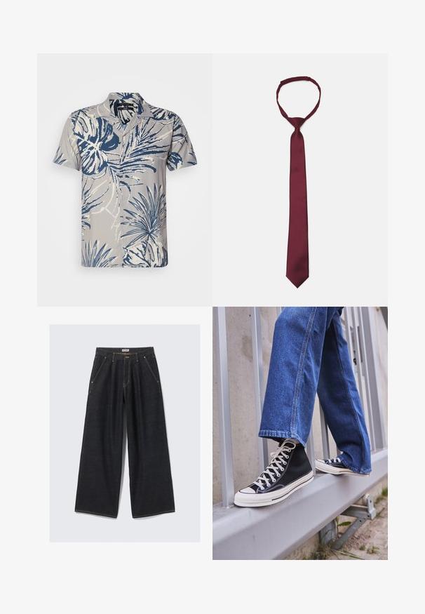 Rövid ujjú, világosszürke gombos ing kék és fehér trópusi levélmintával, klasszikus gallérral és hét gombbal.; Sötétkék, széles szárú farmernadrág, elöl pliszékkel, ferde zsebekkel, övhurkokkal és gombos záródással a derékrészen, amelyen a "WEEKDAY" felirat található.; Fekete magasszárú sportcipők fehér talppal és fűzővel, laza kék farmernadrággal párosítva, egy szürke korlát tetején pihenve.; Bordeaux selyemnyakkendő sima textúrával, keskeny szélességgel és hegyes végződéssel; egy hurkot tartalmaz a könnyű viselés érdekében.