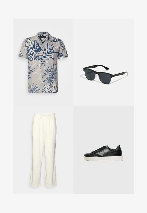 Camisa de botão de mangas curtas em tecido cinza claro, com um padrão de folhas tropicais azul e branco, com colarinho clássico e sete botões.; Calças de linho em off-white com um cós elástico, pernas ligeiramente largas e acabamentos dobrados para um ajuste descontraído. Sem bolsos.; Tênis pretos com cabedal em couro texturizado com relevo de crocodilo, bico arredondado e sola de borracha branca em contraste, com acabamento suave.; Óculos de sol pretos com forma retangular, lentes escuras, detalhes em prata nas hastes e um acabamento mate na armação.