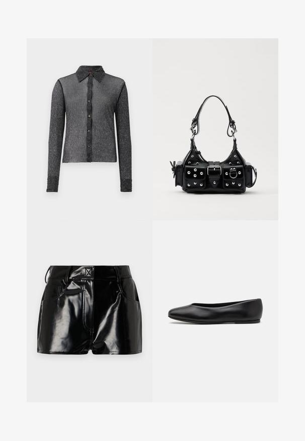 Črna majica z dolgimi rokavi iz teksturiranega, prosojnega materiala z gumbom spredaj in klasičnim ovratnikom. Ima subtilen sijaj in prilegan kroj.; Črne, sijoče kratke hlače iz sintetičnega materiala. Imajo prilegajoč pas, zanke za pas in sprednje žepe z izrazitimi šivi.; Paul Smith TOPANGA - Balerinke - black; Črna usnjena torbica s ukrivljenim dizajnom, ki vsebuje srebrne žebljičke, zaponko in dve stranski žepki. Nastavljiv trak za različne možnosti nošenja.