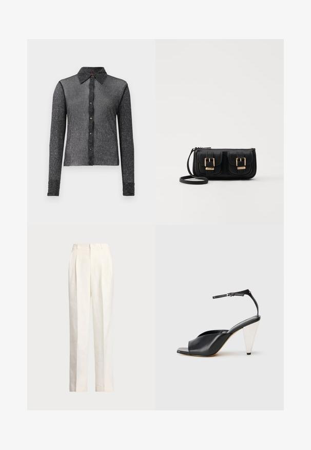 Zwarte langärmige shirt gemaakt van een gestructureerde, doorschijnende stof met een knoopsluiting aan de voorkant en een klassieke kraag. Heeft een subtiele glans en een aansluitend ontwerp.; Polo Ralph Lauren HEMP WIDE LEG PANT - Broek - nevis; Zwarte leren hoge hak sandaal met open teen, asymmetrisch ontwerp, enkelbandje en een metalen kegelvormige hak. Glad oppervlak over het geheel.; Zwarte leren schoudertas met twee vo pockets, gouden gespen, ritsluiting en een smalle band. Tekstuur oppervlak en compacte rechthoekige vorm.
