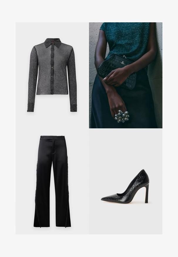Fekete, hosszú ujjú ing, texturált, áttetsző anyagból készült, gombos elülső résszel és klasszikus gallérral. Finom fényességgel és testhez simuló kialakítással rendelkezik.; Fekete selyem nadrág, széles szárakkal, oldalsó varrásain frufru részletekkel és lapos elülső derékrészes. Egyszerű hátul zsebek nélkül.; Fekete hegyes orrú magassarkú cipő krokodilbőr textúrával, letisztult dizájnnal, magas tűsarkú és sima fekete belső résszel.; Fekete krokodilbőr mintázatú válltáska ezüst hardware-rel, egy texturált szürke háttér előtt tartva. Fényes felülettel rendelkezik.