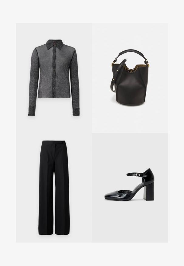 Must vest, mis tekstuuriga, õhuke kangas, nupuga esiosa ja klassikaline krae. Omab peenet sära ja ühtekuuluvat lõike.; Laiad mustad püksid sujuva, mati pinnaga. Tasane vöökoht ilma nähtava riistvara või mustriteta. Lihtne ja elegantne disain.; Mustad lakknahk kingad kõrge kontsaga, ruudukujulise varbaga, pahkluu rihmaga ja paksu kontsaga. Sisaldab perforatsioonidega detaile ääres.; Mustast nahkämbriga kott tekstuurses viimistluses, kuldsete metalldetailide aktsentidega ja avatud ülaosaga. Omab lühikest käepidet ja reguleeritavat õlavarre rihma.