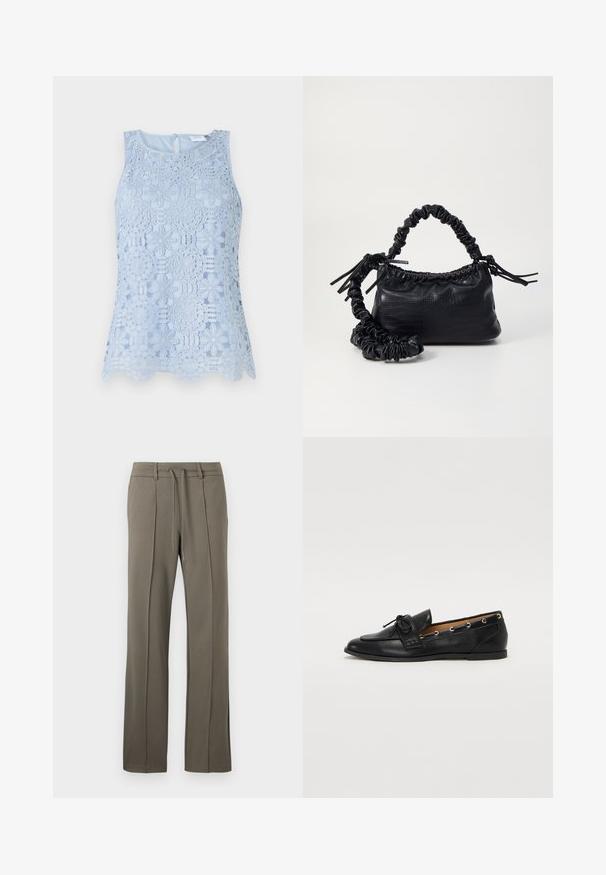 Ανοιχτό μπλε αμάνικο τοπ από δαντέλα, με λουλουδάτα μοτίβα και φούσκα στο τελείωμα. Κουμπί στο πίσω μέρος του λαιμού για εύκολη εφαρμογή.; Χακι παντελόνι με ίσια γραμμή, ζώνη με κορδόνια και δύο πιέτες μπροστά. Φτιαγμένο από μαλακό, υφασμάτινο ύφασμα.; Μαύρες δερμάτινες μπαλαρίνες με σφιχτό φιόγκο, με χρυσές οπές στα πλάγια και επίπεδη ελαστική σόλα. Λείος υφής, κλασικός σχεδιασμός.; Μαύρη τσάντα από faux δέρμα με υφή κροκοδείλου, κλειστή στο επάνω μέρος και με ρυτιδωμένο λουρί. Φαίνεται μαλακή και συμπαγής στο σχέδιο.
