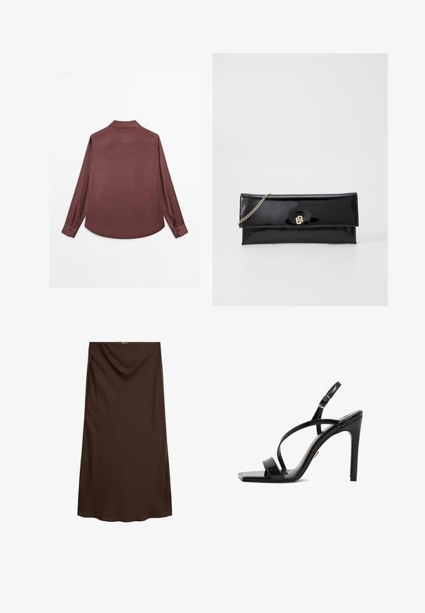 Long-sleeve shirt in deep burgundy fabric. Features a classic collar, two-button cuffs, and a curved hem. Smooth texture, minimalistic design.; Brown, knee-length skirt made of smooth fabric with a draped design at the waist. Features a straight cut and soft texture.; Black patent leather heeled sandals featuring a square toe, sleek ankle strap, and crisscross front straps with a high stiletto heel.; Black patent leather clutch with a gold chain strap, featuring a simple flap design and embossed logo on the front. Smooth, glossy finish.