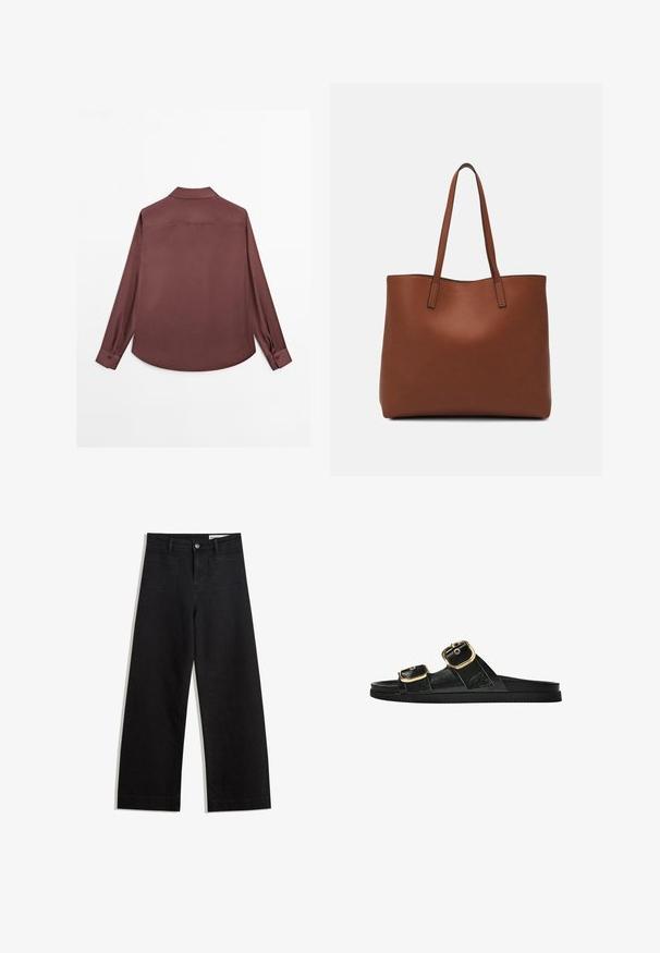 Langærmet skjorte i dyb burgundy stof. Har en klassisk krave, to-knaps manchetter og en buet kant. Glat tekstur, minimalistisk design.; Sorte wide-leg denim bukser med høj talje, der har front- og baglommer, syede sømme og en knaplukning. Glat tekstur.; Sort skridsandal med to guldspænder, glat tekstureret materiale, flad sål og et minimalistisk design.; Brun læder tote taske med en glat overflade, åben topdesign og to skulderremme. Har minimal syning og ingen synlig hardware.