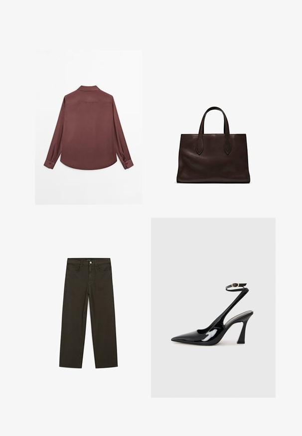 Camicia a maniche lunghe in tessuto borgogna scuro. Presenta un colletto classico, polsini con due bottoni e orlo curvo. Texture liscia, design minimalista.; Jeans a gamba larga di colore verde scuro, realizzati in tessuto misto cotone, dotati di chiusura con bottone frontale, cinque tasche e cuciture classiche in denim.; Slingback eleganti in pelle verniciata nera con punta appuntita, cinturino alla caviglia regolabile e tacco quadrato moderato. Texture liscia con finitura lucida.; Borsa a spalla in pelle marrone con due manici lunghi, forma rettangolare strutturata, texture liscia e dettagli di cucitura sottili.