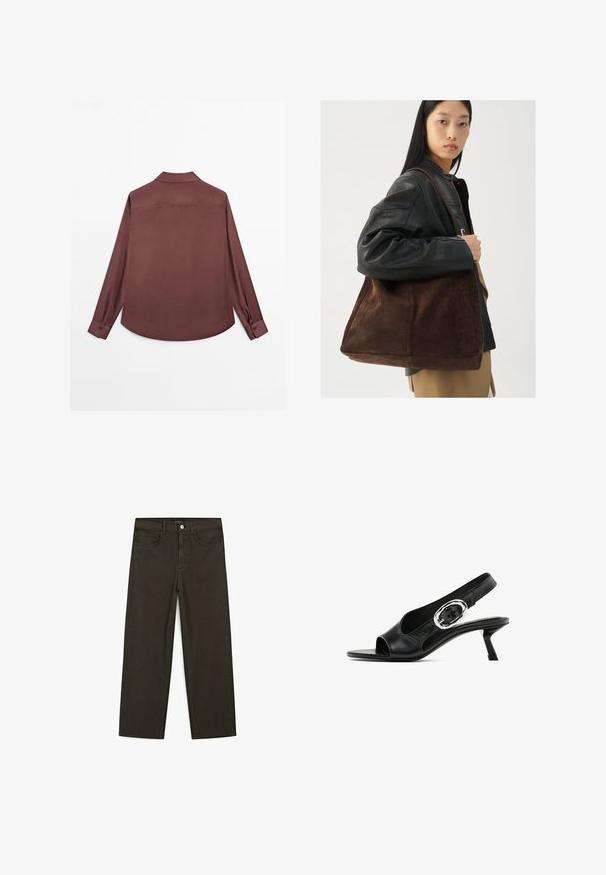 Langdurig overhemd van diep bordeauxkleurige stof. Gekenmerkt door een klassieke kraag, twee-knopsluiting bij de manchetten en een gebogen zoom. Glad textuur, minimalistisch ontwerp.; Donkergroene wijde jeans van een katoenmix, met een sluiting met een voorste knop, vijf zakken en klassieke denimstiksels.; Zwart leren slingback schoen met open teen, slanke hak en zilveren gespdetail op de band. Glad oppervlak en gestroomlijnd ontwerp.; Bruine suède tote bag met een brede vorm en zachte textuur, voorzien van een enkele schouderband en minimale hardware tegen een neutrale achtergrond.