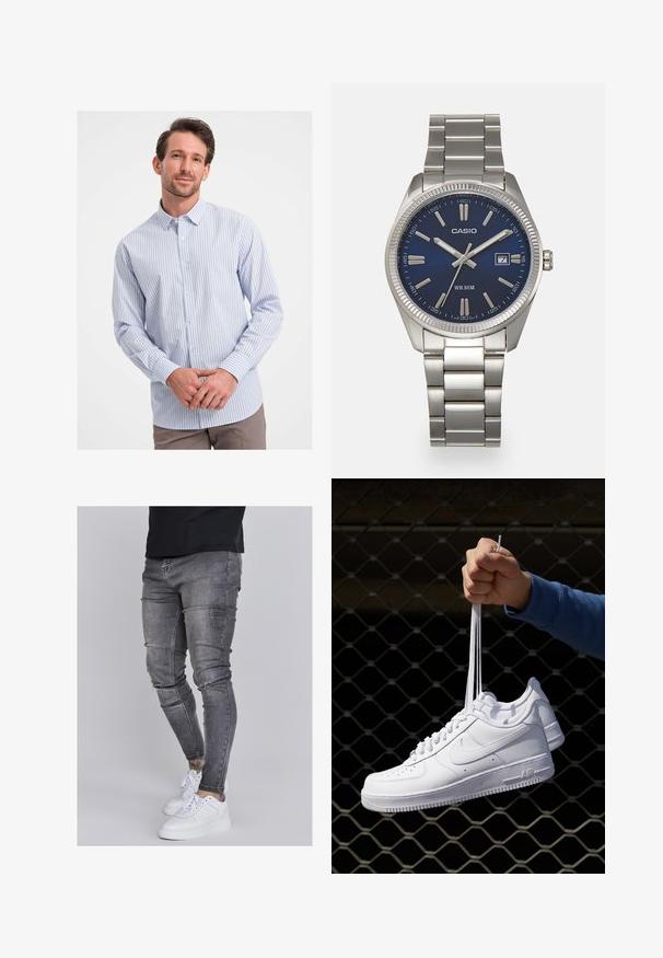 Gestreepte blauwe en witte button-up shirt van katoen. Beschikt over een puntkraag en lange mouwen met knopenmanchetten. Soepele textuur.; Skinny jeans in vervaagd grijs denim, met versleten details op de knieën, gecombineerd met witte sneakers. Gladde textuur, slank model.; Witte leren sneakers met perforaties, ronde neus, vlakke zool en dikke veters, met een zichtbare swoosh-logo en "AIR" op de hiel.; Zilveren roestvrijstalen horloge met een marineblauwe wijzerplaat, metalen uurmarkeringen en een datumnis op 3 uur. Waterbestendig tot 50 meter.