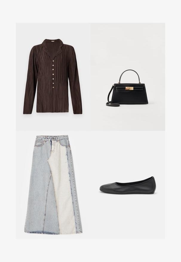 Camicia marrone a maniche lunghe con un motivo a righe verticali testurizzate, colletto a punte e sei bottoni dorati lungo la parte anteriore.; Gonna in denim con design patchwork, sezioni di blu chiaro e medio, orli sfilacciati e vita alta. Stile classico a cinque tasche.; Pantofole da balletto nere in pelle con punta arrotondata, texture liscia, dettagli di cucitura minimi e design con suola flessibile.; Borsa a tracolla nera in pelle con una forma trapezoidale strutturata, chiusura in ottone dorato e cuciture bianche a contrasto. Include una maniglia corta e una tracolla lunga.