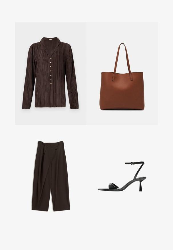 Braunes Langarmhemd mit strukturiertem vertikalem Streifenmuster, einem schmalen Kragen und sechs goldenen Knöpfen auf der Vorderseite.; Dunkelbraune, weite Hosen mit hohem Bund, die über einen einzigen Knopfverschluss und eine gefaltete Vorderseite verfügen. Hergestellt aus leichtem Stoff.; Bershka High Heel Sandalette - black; Braune Leder-Tote mit glatter Textur, offenem Oberteil und zwei Schulterriemen. Verfügt über minimale Nähte und keine sichtbaren Beschläge.
