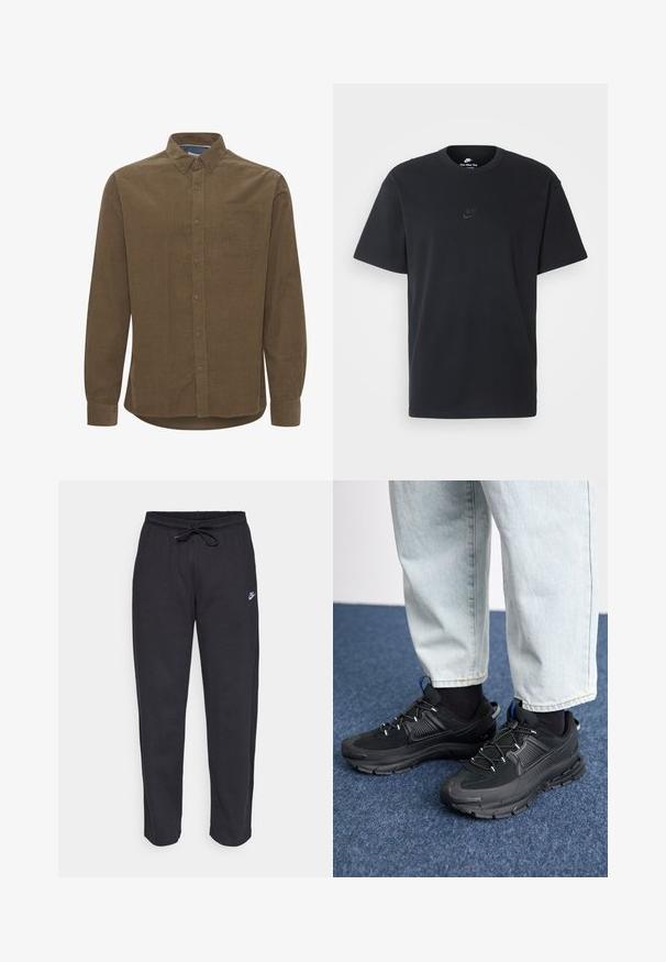 Brun bomull langermet skjorte med knapper- ned krage, enkelt brystlomme, og en lett buet kant. Har frontknapplukking.; Nike svart bomull T-skjorte med klassisk rund hals, korte ermer, og en subtil, preget logo på brystet. Glatt tekstur.; Sorte sweatpants laget av mykt stoff med elastisk midjebånd, snøring og en liten Nike-logo på venstre lår.; Svarte sportssko med teksturert stoff og gummisåler, med elastiske lisser og en blå detalj på hælen. Brukt med lyse denimbukser.