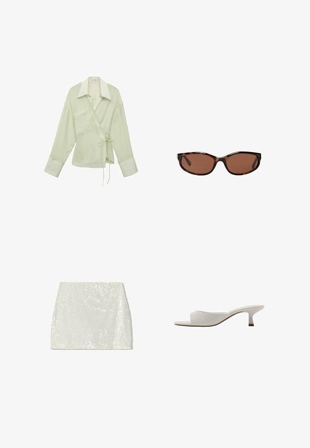 Camicia avvolgente verde chiaro con maniche lunghe, colletto, una tasca a toppa e chiusura con cravatta in vita. Tessuto morbido e testurizzato.; Bershka Gonna a campana - white; Mule bianche aperte davanti con un design curvo, tacco basso, texture liscia e un motivo di cuciture sottile. Accento marrone alla base del tacco.; Occhiali da sole tartarugati con lenti marroni, forma ovale e finitura lucida. Presentano sottili accenti argento sulla montatura.