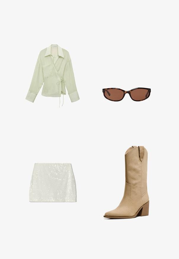 Světlezelená wrap košile s dlouhými rukávy, límečkem, jednou náprsní kapsou a šňůrkovým uzávěrem v pase. Měkká, strukturovaná látka.; Bershka Áčková sukně - white; Bershka HIGH-HEEL - Kovbojské/motorkářské kozačky - beige; Kočičí sluneční brýle s hnědými skly, štíhlý oválný tvar a lesklý povrch. Disponují jemnými stříbrnými akcenty na obrubách.; Tkaná bílá kabelka s texturovaným povrchem, vybavená dvěma uchy a pevnou strukturou, vhodná pro každodenní použití.