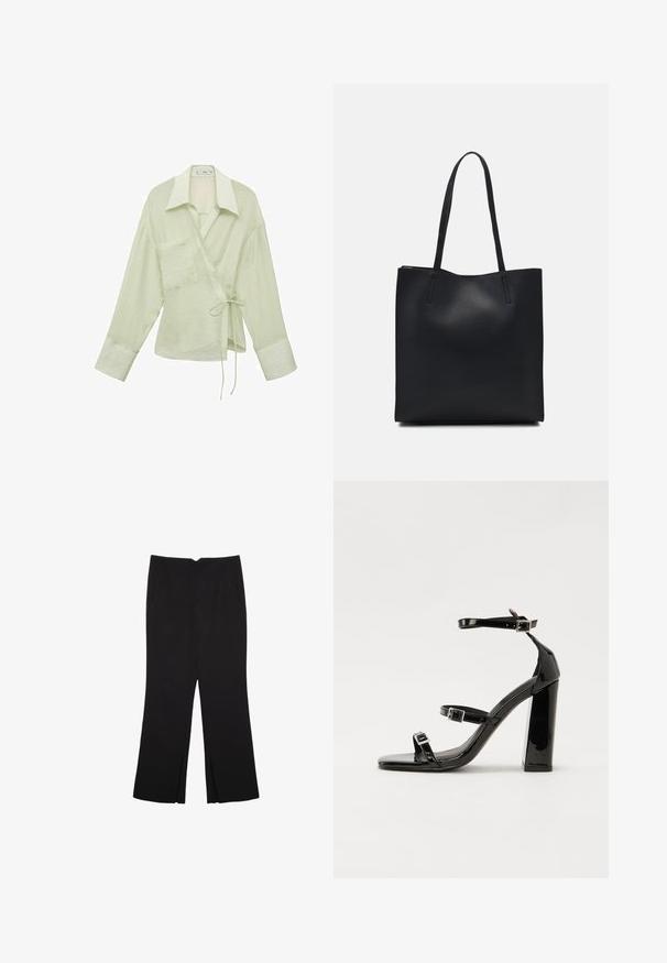 Svetlozeleno zavito srajco z dolgimi rokavi, ovratnikom, enim žepom in zavezovanjem v pasu. Mehka, teksturirana tkanina.; Črne hlače ravnega kroja z naglavnimi žepi in stranskimi razporki na robu. Narejene iz mehke, gladke tkanine. Primerne za različne priložnosti.; Črne lakirane sandale s peto, kvadratnim prstom, trakovi okrog gležnja in srebrnimi zaponkami. Opremljene so s stabilno Debelo peto.; Črna usnjena torba s svilnato teksturo, pravokotne oblike in dvema dolgima ročajema. Brez vidnih metalnih delov ali okrasnih elementov.