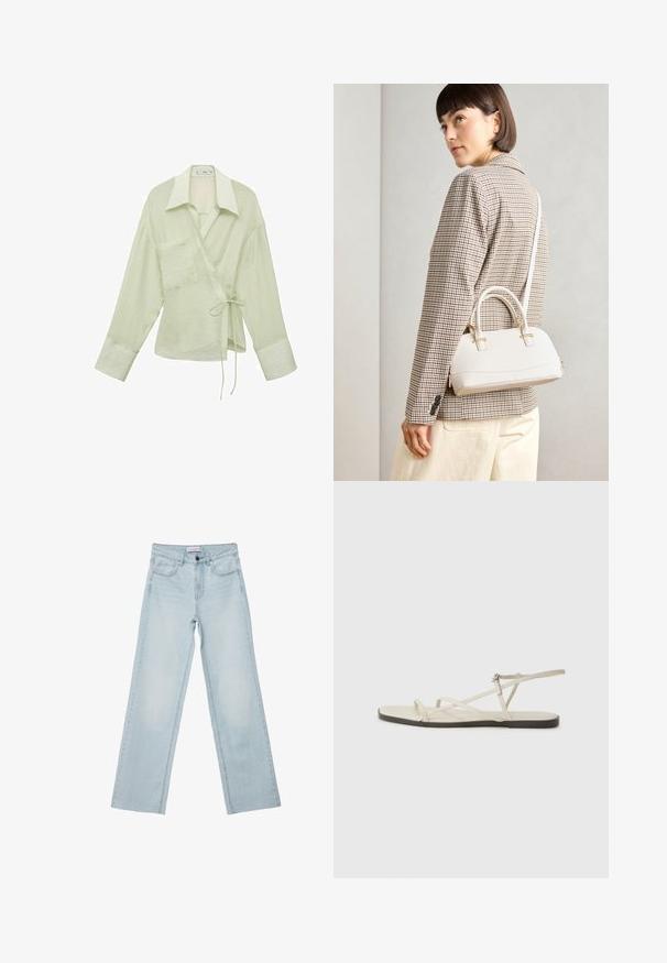 Svetlozeleno zavito srajco z dolgimi rokavi, ovratnikom, enim žepom in zavezovanjem v pasu. Mehka, teksturirana tkanina.; Svetlo modri široki kavbojke izdenima. Imajo pet žepov, gumbasto zaponko in zbledela podrobnost. Klasičen naravnost kroj s prostornim prileganjem.; Beige ravne sandale z več tankimi trakovi in nastavljivim zaponcem. Podplat je raven z rahlo temnim kontrastom na robu.; Bela strukturirana torba z kratkimi ročaji in naramnim trakom, z zlatimi okrasnimi elementi in teksturiranim materialom, prikazana na sivi podlagi.