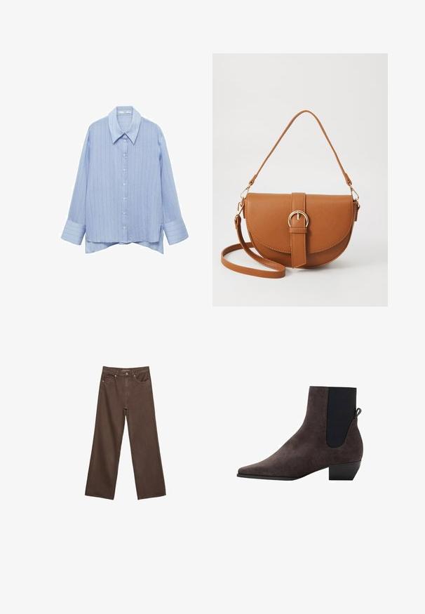 Ljusblå skjorta med knäppning som har ett randigt mönster, långa ärmar och en klassisk krage. Mjuk tygkvalitet med en något texturerad yta.; Breda bruna jeans i denim med hög midja, framfickor och klassisk knäppning. Slät textur med subtil sömnad.; Mörkgrå mocka ankelskåp med spetsig tå, elastiska sidopaneler och en liten blockklack. Har en dragflik baktill.; Brun läder crossbody-väska med en böjd form, gyllene detaljer och en spänneaccent. Har en avtagbar axelrem.