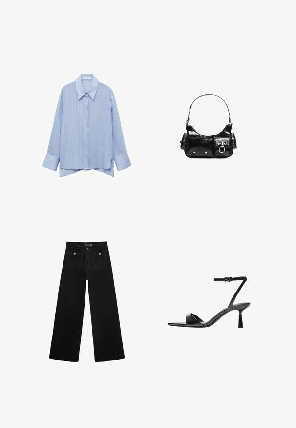 Lyseblå skjorte med knapper, der har et stribet mønster, lange ærmer og en klassisk krave. Blødt stof med en let struktureret overflade.; Sorte vidde jeans med høj talje, der har to forlommer og metalknapdetaljer. Stoffet har en glat tekstur.; Bershka Højhælede sandaletter / Højhælede sandaler - black; Sort patenteret læder håndtaske med en buet form, en skulderrem, frontlommer og hardware accenter i sølvfarve.