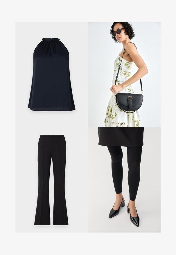 Marineblå halterneck-topp laget av et glatt, lett stoff. Har en samlet halslinje og en subtil, flytende silhuett.; Sorte flagrende bukser laget av glatt stoff, med en tettsittende midje, front sømdetaljer og en lett flare som begynner fra kneet.; Svarte leggings kombinert med svarte slingback hæler med spiss tå og blokk-hæl. Materialene ser glatte og blanke ut.; Svart lærveske med en buet form, avtagbar stropp og gullbeslag. Vesken har et klaff med spenne-detall.