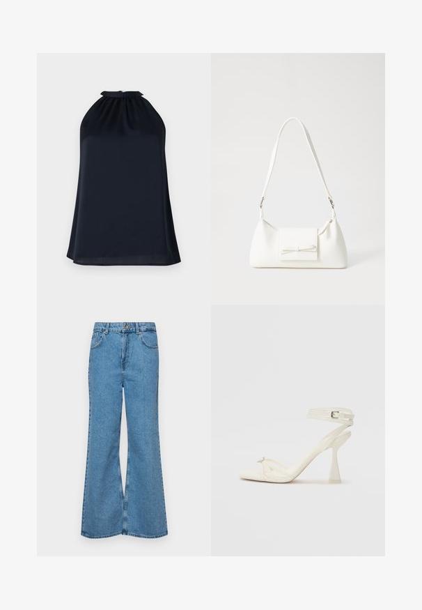 Jūrinis halterio stiliaus viršus, pagamintas iš lygaus, lengvo audinio. Ypatybės: susiraukšlėta iškirptė ir subtili, laisva siluetas.; Šviesiai mėlynos flared džinsai, pagaminti iš džinsinio audinio, su aukštu liemeniu, penkiomis kišenėmis ir vienu mygtuko užsegimu. Minkštas paviršius su išblukusiu efektu.; Baltos odinės aukštakulnės sandalai su dirželiais, elegantiško dizaino, skaidriu blokiniu kulnu ir dekoratyviu elementu ant piršto.; Balta sintetinė rankinė trikampio formos, plokščiu priekiu su užsegimu, kaspino detale, reguliuojama dirželiu, lygia tekstūra ir minimalistišku dizainu.