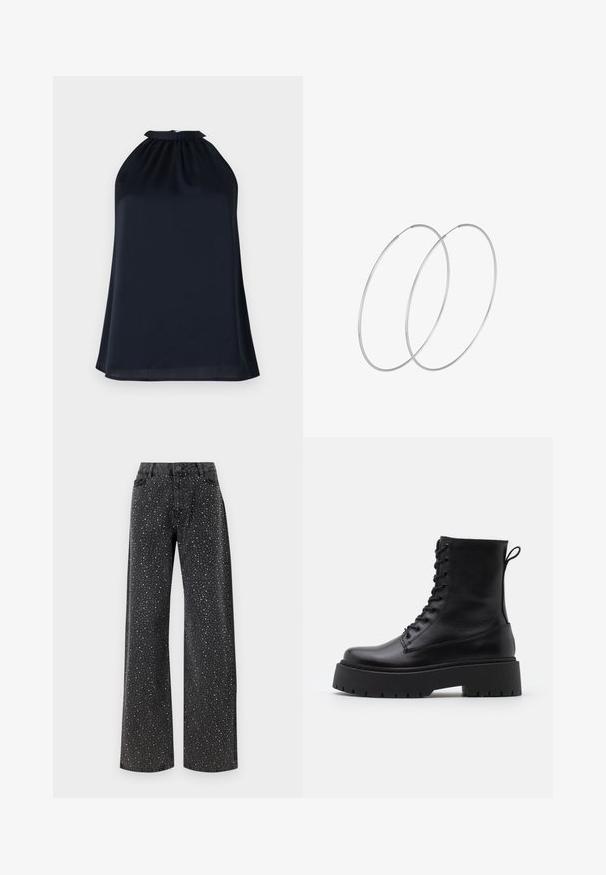 Jūras spēku stila haltera tops, izgatavots no gludas, vieglas auduma. Tam ir sakravēta apkakle un viegla, plūstoša silueta.; Noisy May NMJANNEL LOOSE - Brīva piegriezuma džinsi - black denim; Melni ādas potītēm zābaki ar apļveida purngalu, auklām priekšpusē un biezu gumijas zoli ar teksturētu protektoru. Velkšanas cilpa aizmugurē.; Sudraba gredzenveida auskari ar minimālistisku dizainu. Cirkulāra forma, gluda tekstūra un plāns profils. Vieglu svaru ar spīdīgu apdari.
