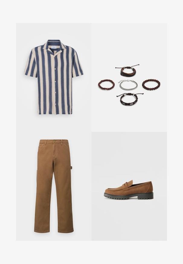 Camisa de manga curta com um padrão de riscas em azul-marinho e creme, apresentando um decote com colarinho e fecho de botão, feita de tecido respirável.; Calças cargo de algodão castanhas com pernas retas, apresentando bolsos laterais e um fecho de botão metálico na cintura. Textura suave e design casual.; Mocassins de camurça castanhos com bico arredondado e sola baixa de borracha preta, apresentando uma tira decorativa e detalhes de costura na parte superior.; Conjunto de cinco pulseiras com couro castanho, contas de madeira e uma corrente de prata; texturas e formas variadas, com fechos ajustáveis.