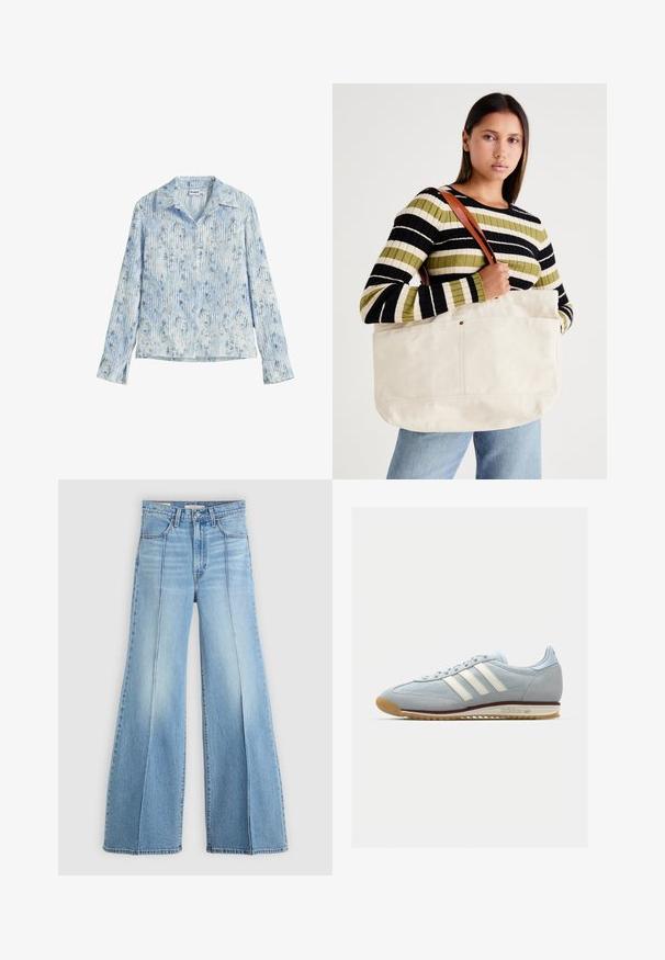 Lagani, bluzon dugih rukava u svijetloplavoj boji s vertikalnim prugama i cvjetnim uzorcima. Ima izrezani ovratnik i kopčanje na dugme.; Svijetlo plave visokodžepne traperice širokih nogavica, s prednjim i stražnjim džepovima, petljama za remen i vertikalnim šavovima na prednjoj strani.; Svijetloplave suède tenisice s bijelim tri pruge, gumeni potplat i teksturirana mrežica. Imaju glatki vrh cipele i brendiranje na peti.; Velika bež platnena torba s tamnosmešnim kožnim trakama, koja se ističe minimalističkim dizajnom i vidljivim šavovima.