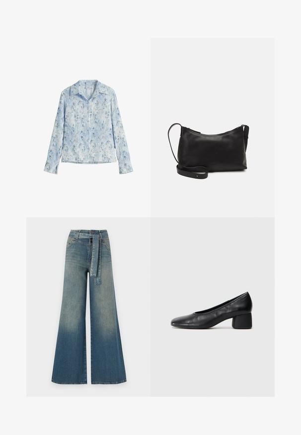 Kerge, pika varrukaga pluus helesinises, millel on vertikaalsed triibud ja lillemustrid. Omab lõhikuga kraed ja nööpide sulgemist.; Laiad denimpüksid, millel on hele tume sinine gradiendiefekt, kõrge vöökoht, vöökumlid ja sobivast kangast vöö. Struktureeritud denimi viimistlus.; Must musta kingadega, ümarate varvaste ja keskmise plokknõrga. Sile tekstuur, minimaalse kaunistusega, kergelt elastse avaga.; Mustmust nahk õlakotil on sile tekstuur, kumer kuju, reguleeritav rihm ja lukuga sulgemine. Minimalistlik disain ilma kaunistusteta.