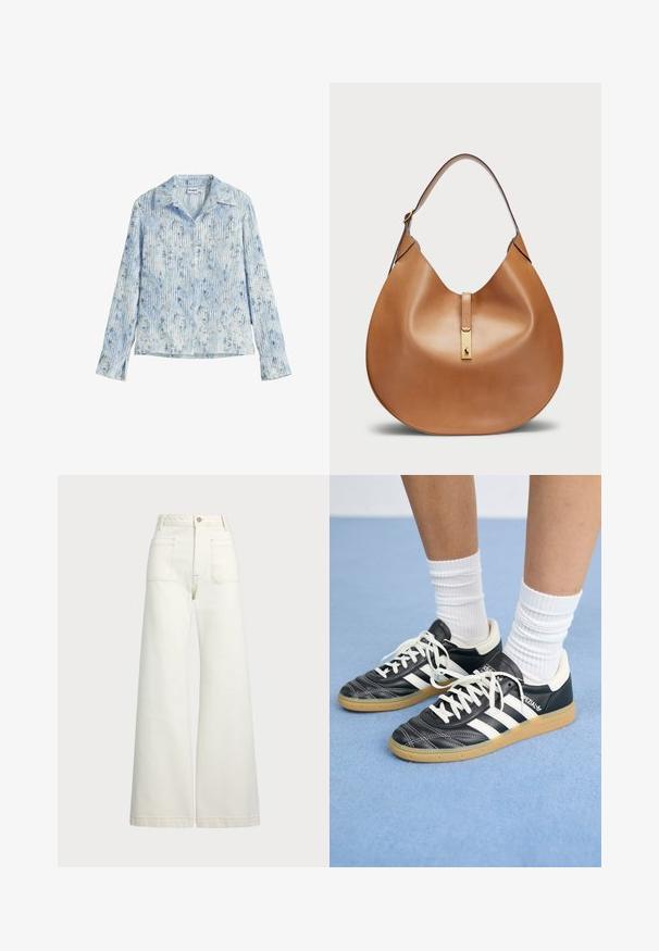 Lichtgewicht, langslievend blouse in lichtblauw met verticale strepen en bloemenpatronen. Heeft een notch-kraag en knoopsluiting.; Wijd-zit jeans van off-white denim. Hooggaande taille met een knoopsluiting, twee voorzakken en contrasterende stikdetails.; Zwarte leren sneakers met witte strepen, ronde neus, witte veters en een gumrubberen zool. Versterkt met een gevoerd kraag en merkdetails.; Tan leren handtas met een gebogen vorm en een brede schouderband. Heeft een gouden metalen accent in het midden en een gladde textuur.