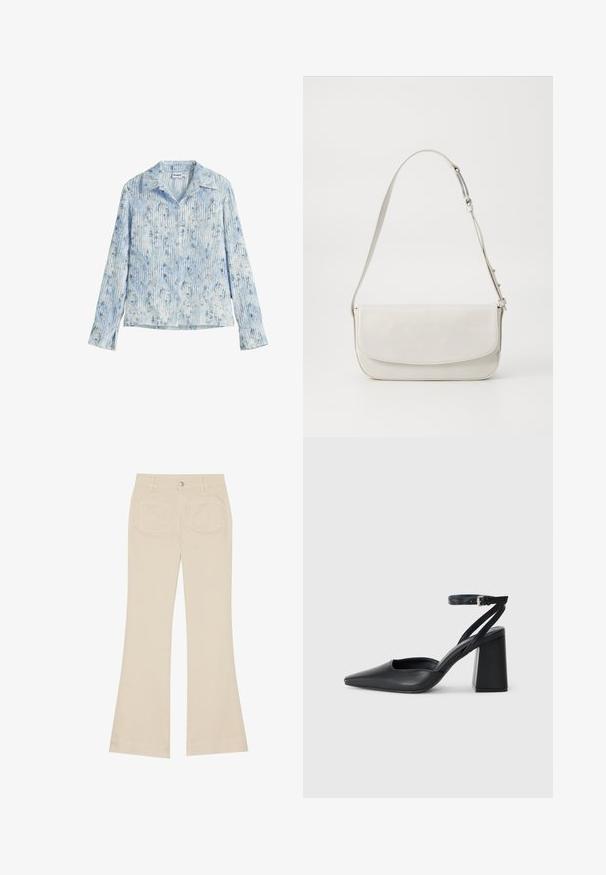 Blusa leggera e a maniche lunghe di colore azzurro chiaro con righe verticali e motivi floreali. Presenta un colletto a scollo a V e chiusura con bottoni.; Pantaloni beige a zampa d'elefante con vita alta, realizzati in tessuto di cotone. Presentano tasche frontali e posteriori, passanti per cintura e un singolo bottone argentato.; Pump in pelle nera con punta affusolata, cinturino alla caviglia e tacco spesso. Texture piatta, design elegante ed estetica minimalista.; Borsa a spalla in pelle bianca con finitura liscia, forma rettangolare, chiusura a patta e tracolla regolabile. Dettaglio di cucitura semplice.