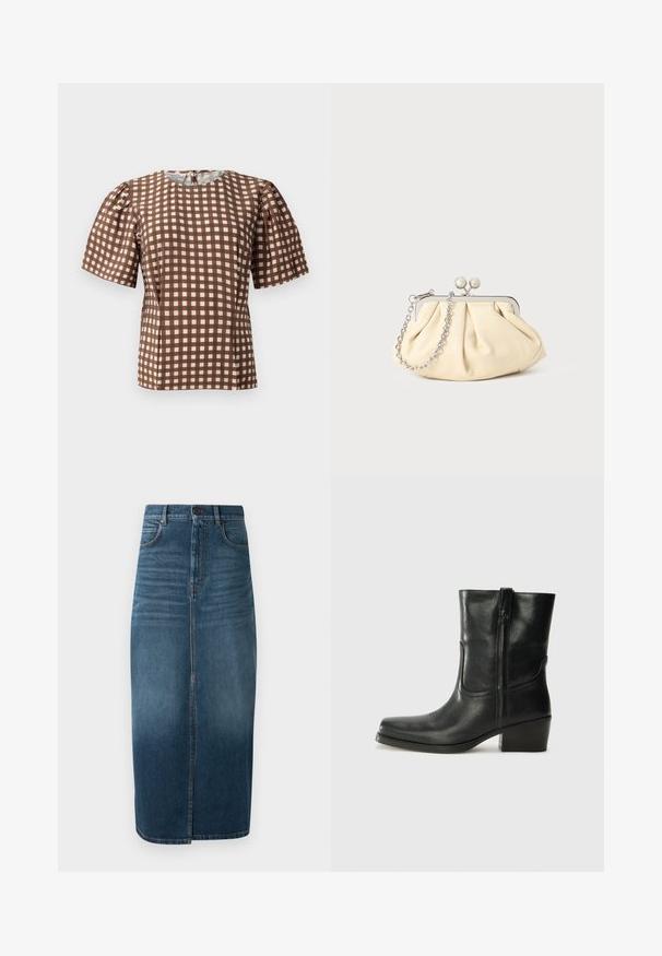 Barna és fehér kockás mintás felső rövid puffos ujjal és kerek nyakkivágással. Hátul cipzárral rendelkezik és sima szövet textúrája van.; Sötét indigókék farmer midi szoknya, elülső hasítékkal és enyhe kopással. Klasszikus öt zsebes dizájn fém gombos záródással.; Fekete bőr bokacsizma lekerekített orral, blokk sarkúval, oldalsó cipzárral és varrásos díszítéssel az elején. Simább textúra, klasszikus dizájn.; Pleátolt bézs bőr válltáska ezüst fém kerettel, két kerek díszcsattal és ezüst lánc pánttal.
