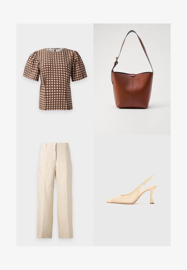 Brown and white checker patterned top with short puff sleeves and a round neckline. Features a zipper at the back and smooth fabric texture.; Beige linen trousers with a loose fit, pleated front, and straight legs. Features a waistband with belt loops and no visible pockets.; Slingback high heel shoe in light beige mesh with a pointed toe and a slim, curved heel, featuring a minimalistic buckle accent.; Brown leather shoulder bag with a curved shape, smooth texture, and a single thin strap. Features a subtle seam and a small logo detail.