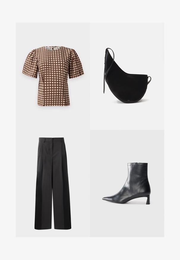 Bluzka w brązowo-białą kratę z krótkimi bufkami i okrągłym dekoltem. Zawiera zamek z tyłu oraz gładką teksturę tkaniny.; Czarne szerokie spodnie z wysokim stanem, z przodu z fałdami, o gładkiej fakturze i dopasowanym wykończeniu. Zaprojektowane z myślą o luźnym kroju.; Czarne skórzane botki sięgające kostki z ostrym noskiem i eleganckim designem. Posiadają niski obcas oraz zamek błyskawiczny z tyłu. Gładka faktura.; Czarna skórzana torebka w zakrzywionym kształcie księżyca, z cienkim paskiem i dyskretnym złotym logo z przodu. Gładka tekstura z minimalną liczbą dodatków.