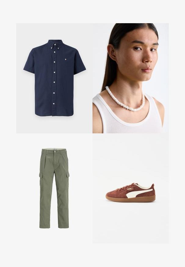 Krekls ar īsām piedurknēm, tumši zils, izgatavots no kokvilnas, ar pogājamu apkakli, priekšu ar pogām un nelielu izšūtu logo uz krūšu.; Olīvu zaļas kravas bikses ar taisna kāju dizainu, divām sānu kabatām un pogu aizdari. Izgatavotas no izturīga auduma ar gludu tekstūru.; Tumši brūni zamšādas sporta apavi ar baltām ādas akcentiem, apaļa pirksta forma, ar auklēm, un gaiši brūna gumijas zole. Zīmola logo uz sāna un mēles.; Balta čaulu kaklarota, kas sastāv no neregulārām formām, valkāta virs pieguļošas baltas topiņas. Gluda tekstūra ar smalku spīdumu, cieši piegulošs dizains.