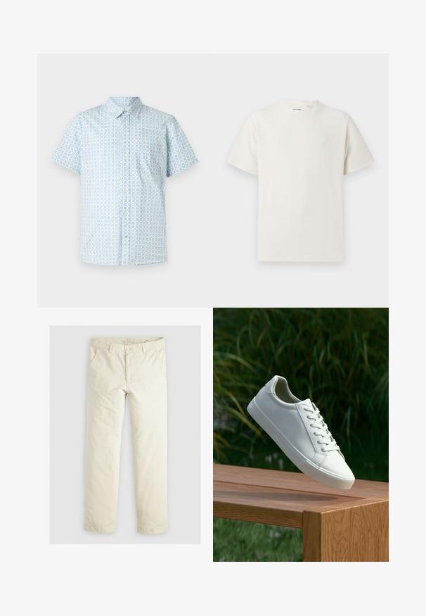 Kortærmet skjorte med knapper i lys blå med firkantet mønster. Lavet af stof med en glat tekstur og en enkelt brystlomme.; Hvid kortærmet T-shirt i ribbet tekstur. Rund halsudskæring, løs pasform, ingen synlige mønstre eller accenter. Enkel og alsidig design.; Lys beige løstsiddende bukser med tre lommer, bæltestropper og lige ben. Fremstillet af et blødt bomuldsblandingsstof.; Hvide snørresneakers svævende over en træbænk med grønne planter i baggrunden, der fremhæver skodesign og tekstur.