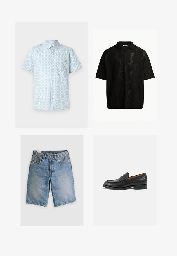 Kortermet skjorte med knapper i lys blå med rutemønster. Laget av stoff med en glatt tekstur og en enkelt brystlomme.; Svart kortermet polo skjorte med et teksturert, abstrakt mønster. Kragen er flat og litt åpen, noe som gir et mer avslappet design.; Lys blå denimshorts med klassisk snitt. Har fem lommer, oransje sømdetaljer og ukontrollerte kanter.; Sorte lær loafers med en glat overflade, rund tå og dekorativ syning på forfoden. Lav stablet hæl og let glans.