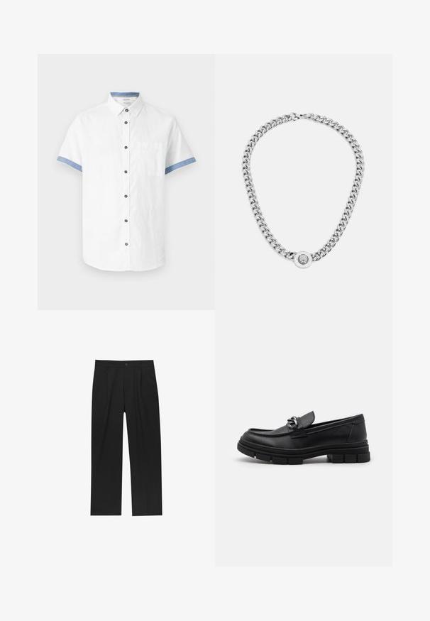 Witte korte mouwen overhemd met een button-down kraag, voorzien van blauwe accenten op de manchetten en kraag, en een borstzak. Gemaakt van lichtgewicht stof.; Zwarte broeken met een recht model, gemaakt van een gladde stof. Voorzien van een voorplooien en een enkele knoopsluiting bij de taille.; Zwarte leren instapper met een ronde neus, een decoratieve band en hardware, en een chunky, gestructureerde zool. Glad afwerking met subtiele details.; Zilveren ketting met dikke schakel en een centraal ronde hanger met ingewikkelde details. Gladde, reflecterende metalen oppervlakte.