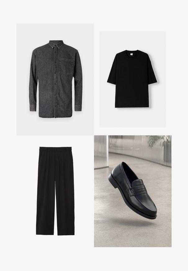 Cămașă cu nasturi din denim gri închis, cu mâneci lungi, guler și un buzunar pe piept cu o textură estompată și detalii de cusătură contrastante.; Tricou din bumbac negru, cu mâneci scurte, guler rotund și o croială lejeră. Textură netedă și design minimalistic, fără modele sau accente.; Pantaloni negri largi, cu un front plisat, buzunare laterale și o textură de țesătură netedă. Concepuți pentru o croială relaxată.; Mocasini negri din piele cu textură fină, vârf ascuțit și o curea decorativă peste laba piciorului. Talpă ușoară, design minimalist.