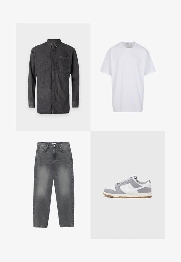 Napapaitta paita tummanharmaasta farkkukankaasta, jossa on pitkät hihat, kaulus ja rintatasku, jossa on haalistunut pinta ja erottuvat ompeluyksityiskohdat.; Valkoinen puuvillainen t-paita, jossa on lyhyet hihat, pyöreä kaula-aukko, rento istuvuus ja ei näkyviä logoja tai kuvioita. Sileä pinta ja minimaalinen muotoilu.; Korkeavyötäröiset, väljät farkut haalistuneesta mustasta denimestä. Ominaisuuksiin kuuluu viisi taskua, vyölenkit ja siisti, suora lahjetyyli.; Harmaa ja valkoinen lenkkari, jossa on mokka- ja nahkapinta, pyöreä kärki, litteät nauhat ja kumipohja, jossa on vaahtomuoviväri.