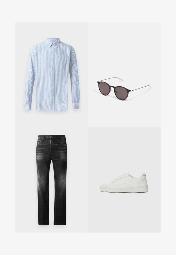 Helesinine nööbiga särk vertikaalsete valgete triipudega, pika varrukaga ja rinna taskuga. Alaküljel on väike logo.; Mustad denim püksid otse lõikega. Omavad kulunud piirkondi, väikseid kahjustusi, klassikalist viit taskut ning nööpkinnitust.; Valge nahast tennis, millel on sile põhi, ümar varvas, lamedad nöörid ja tekstuuriline tall. Sisaldab diskreetset logo kontsaribal.; Mustad mustad prillid tumedate läätsedega ja õhukeste metallist käepidemetega. Kaarja kujuga seljaosa ja hõbedased aktsendid hingel. Minimalistlik disain.