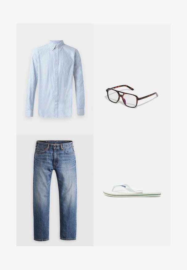 Lichtblauw overhemd met verticale witte strepen, lange mouwen en een borstzak. Bevat een klein logo aan de onderkant.; Rechtemodel blauwe denim jeans met een knoop- en ritssluiting, vijf zakken en oranje stiksels op een lichtgrijze achtergrond.; Witte flip-flops met een gestructureerde voetbed, slanke bandjes en een veelkleurige accentlijn op de zool. Voorzien van een logo op het bandje.; Schildpaddenpatroon bril met rechthoekige glazen, zwarte en oranje montuur, met een glanzende afwerking en slanke pootjes.