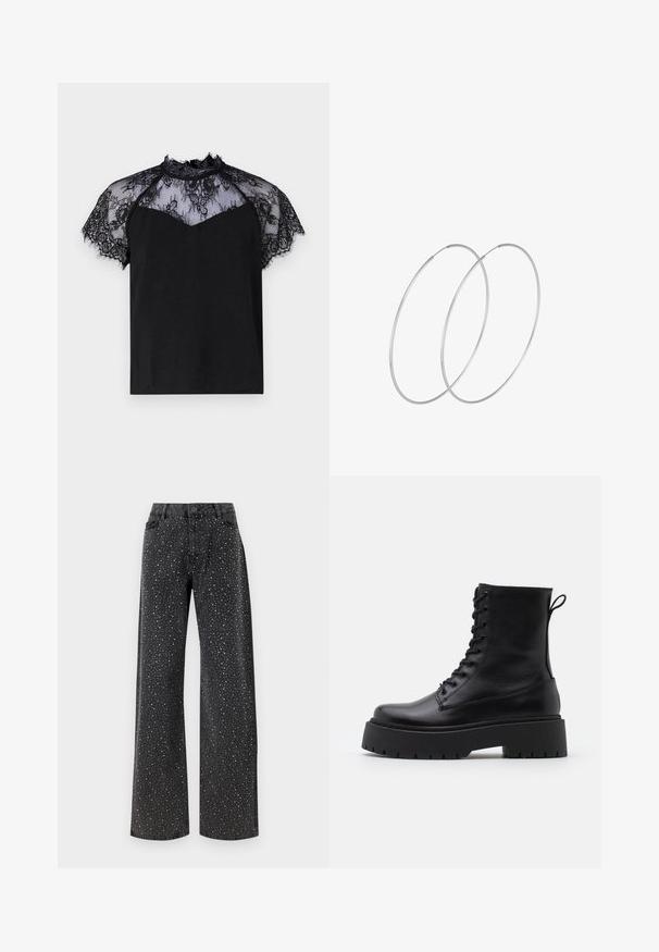 JDY LION - Blūze - black; Noisy May NMJANNEL LOOSE - Brīva piegriezuma džinsi - black denim; Melni ādas potītēm zābaki ar apļveida purngalu, auklām priekšpusē un biezu gumijas zoli ar teksturētu protektoru. Velkšanas cilpa aizmugurē.; Sudraba gredzenveida auskari ar minimālistisku dizainu. Cirkulāra forma, gluda tekstūra un plāns profils. Vieglu svaru ar spīdīgu apdari.